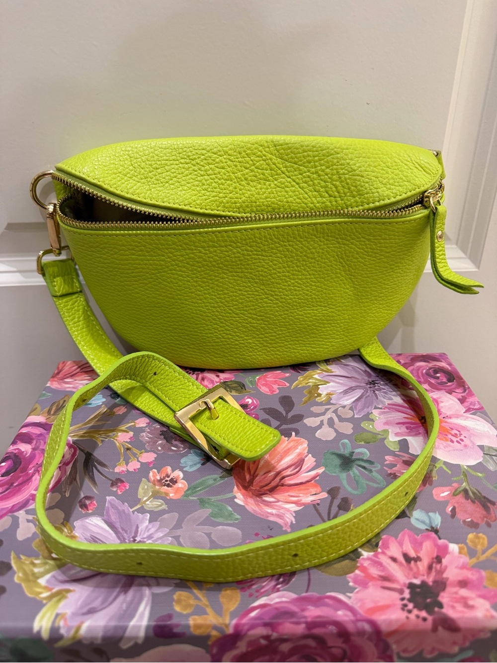 Viola Castellani Italian Leather Neon Green Belt Crossbody Bag